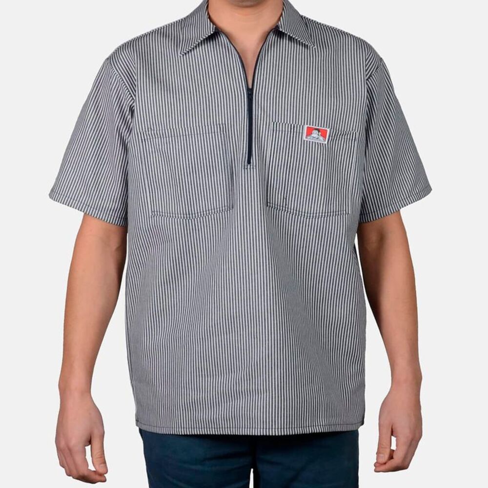Ben Davis Men's Short Sleeve Shirt 1/2 Zip Cotton Blend 2 Front Pockets Navy